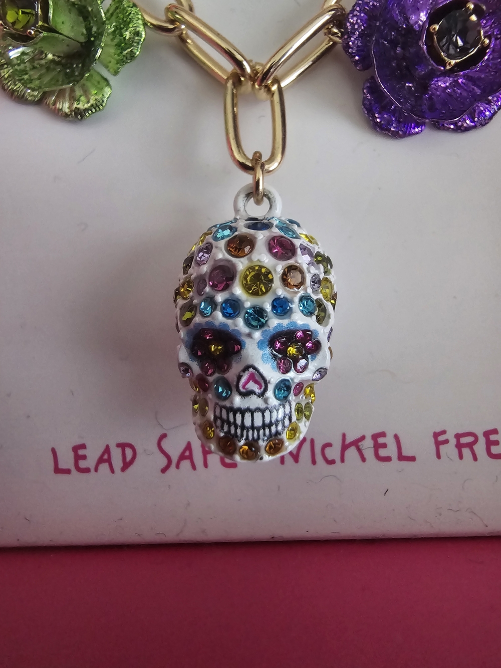 Betsey Johnson Gold-Tone Multi-Color Skull & Flower Charm Bracelet - Picture 6 of 7
